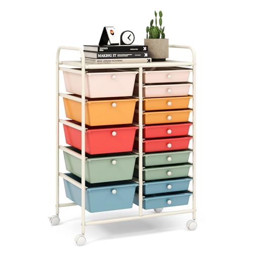 LDAILY 15 Drawer Rolling Storage Cart, Rolling Cart with Drawers for Classroom, Art Supply Craft Organizer on Wheel with Metal Frame & Handles for Home Office School