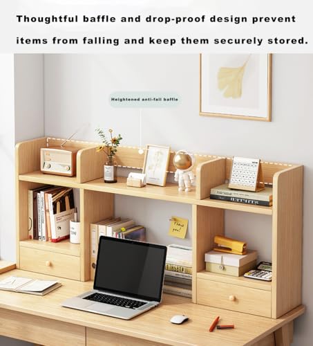 TBQATNTS Wooden Desk Bookshelf with Drawers, Multi-Layer Storage Hutch Organizer, Strong Load-Bearing Desktop Display Rack for Dorm Rooms, Study Desks, and Offices,Walnut,80 * 16 * 52cm