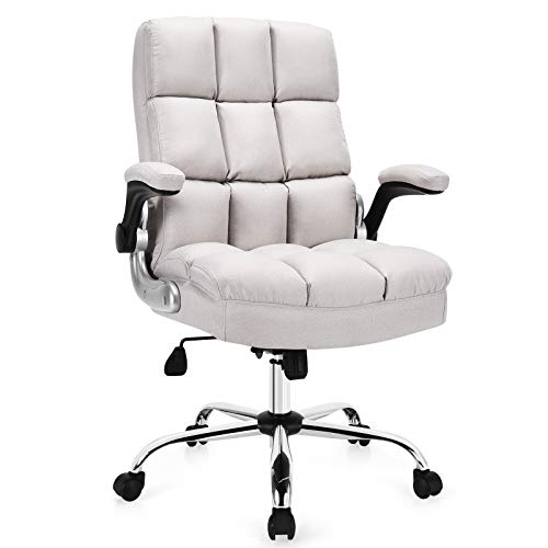GIANTEX Executive Office Chair, Big and Tall Ergonomic Computer Chair, Adjustable Tilt Angle and Flip-up Armrest Linen Fabric Upholstered Chair with Thick Padding, High Back Managerial Chair (Beige)