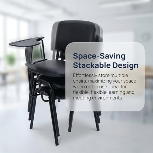 HNY Black Tablet Arm Chairs Set of 5, PU Comfort Office Waiting Room Guest Nesting Stacking Reception Chairs with Flip-Up Table Conference Chairs for School Classroom Training Meeting Room