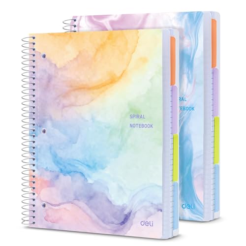 deli 2 Pack 5 Subject Spiral Notebook, College Ruled 8.5"x11", 400 Pages Total (200 Sheets), Plastic Dividers with Pockets, 3 Hole Punch, PP Waterproof Cover, Gold Coil Binding