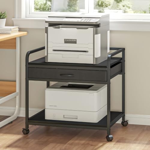 Riodalare Under Desk Printer Stand with Wheels - 25"x19" Large Printer Cart with Storage Drawer, 2-Tier Height Adjustable Printer Desk Cart, Heavy Duty Printers Riser for Home Office (Black)