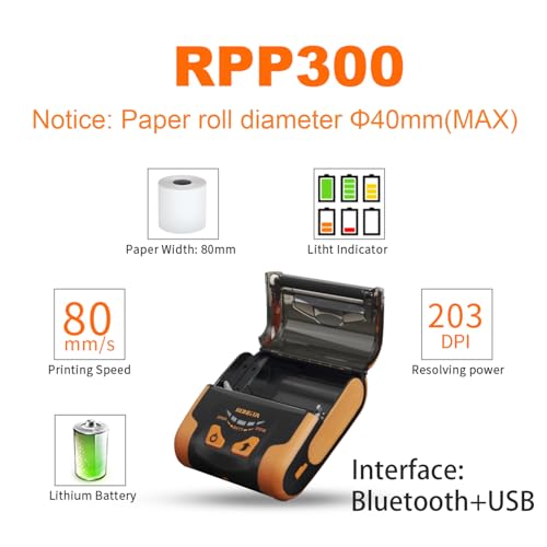 Rongta Portable 80mm POS Printer, Mobile Thermal Receipts Printer, USB&Bluetooth Connection, Compatible with Android Phone, Do Not Square/Ipad/Computer/Android Tablet(RPP300)