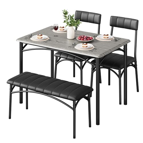 MOVECOM Dining Table Set for 4, Rectangular Metal Frame Table with Upholstered Bench & Chairs, Black Dining Set for Small Spaces, Apartments & Dining Rooms, Grey