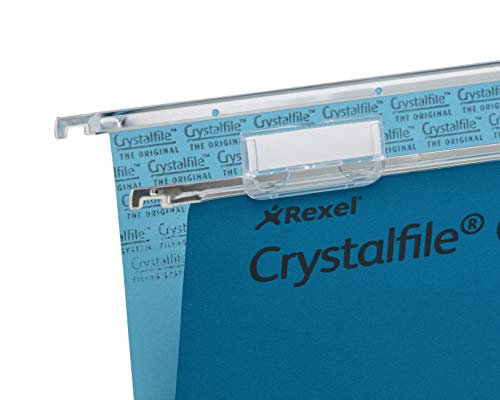 Rexel Foolscap Suspension Files with Tabs and Inserts for Filing Cabinets, 15 mm V Base, 100 Percent Recycled Manilla, Blue, Crystalfile Classic, Pack of 50, 78143