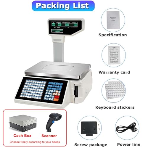 Memykoy Digital Price Label Printing Scale,Electronic Barcode Weighing Scale Cash Register with Receipt Printer,63 Shortcut Keys Commercial Scale,Double-Sided LCD Display, for Shop Machine+Scanner