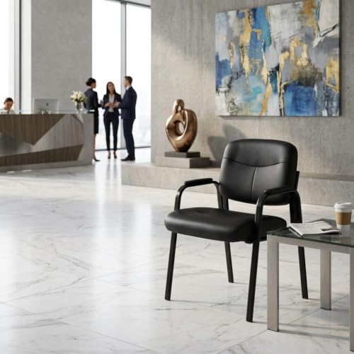 Relyblo PU Leather Office Guest Chairs Set of 2, Stationary Reception and Waiting Room Chairs with Padded Armrests and Metal Frames for Conference Room and Lobby, Black
