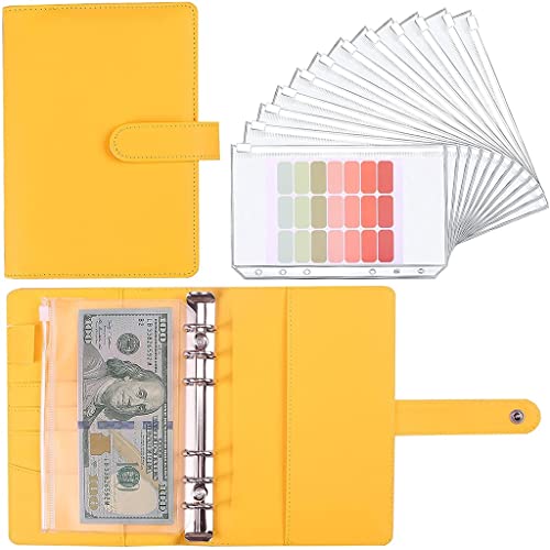 ONMYJFD A6 PU Leather Notebook Binder Folder Planner Personal Budget Cash Envelopes System with 12 Binder Zipper Pockets,Label Stickers(C)
