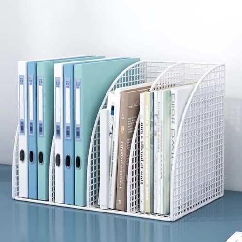 File Rack Desk File Organizer, Metal Mesh Vertical Desktop Holder, 4-Section File Organizer for Office Letter Trays(White)
