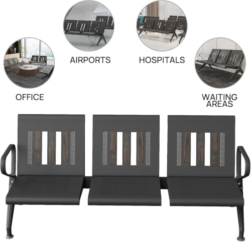 wonline 3-Seat Waiting Room Bench with Arms, Heavy Duty Steel Frame Guest Seating, Office Reception Chairs for Lobby Clinic Hospital Airport Bank Salon