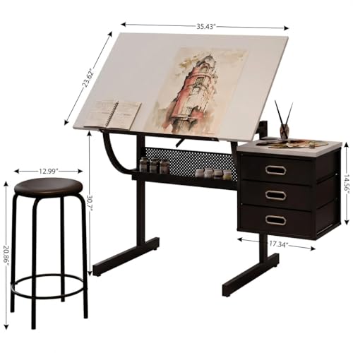 VENLUSUIR Drafting Table with Storage, Adjustable Art Desk & Art Table with Stool, 0-75° Tilting Top, 3 Drawers for Diamond Painting, Architecture, Animation, Office (Adults & Teens) (White)