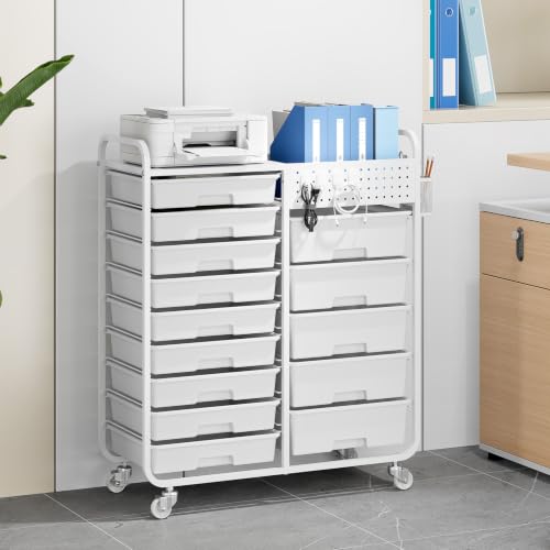 14 Drawer Rolling Storage Cart with Tabletop and Pegboard for Crafts White