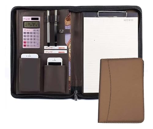 Conference Portfolio Folder Wallets, Folder Binder with Calculator Zipper Closure for Resume for Men & Women W/Notepad Compatible(Brown)