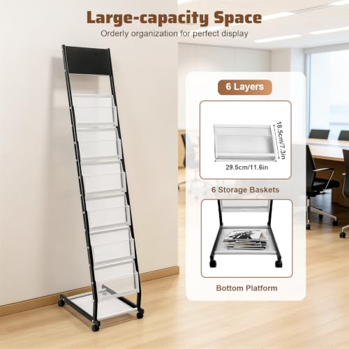 Apexonix 6 Tiers Floor standing Magazine Rack Iron Brochure Display Stand with Wheels and Mesh Storage Basket Literature Rack Shelf for Home Offices Exhibitions Libraries Conference Rooms