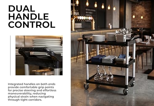 Commercial 3-Shelf Rolling Service Utility Cart | Capacity 390 lbs. | 37" x 34" x 16" | Black