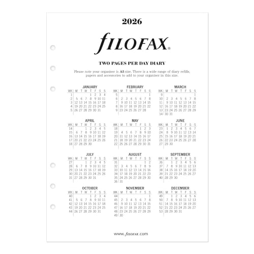 Filofax Calendar Diary Refill, A5 Size, One Day on Two Pages with Appointments, Time Management, White Paper, English, 2026 (CTM7031-26)
