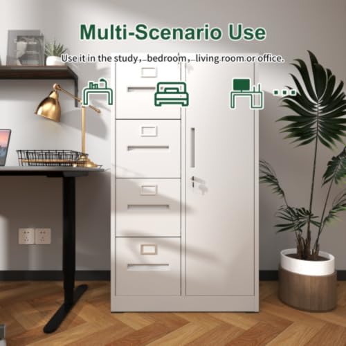 Daklpiw 4 Drawer File Cabinet with Lock & 1 Door, Metal Storage Unit with Shelves and Hanging Rod, Vertical Filing Cabinet for Home Office, Fits Letter/Legal/A4/F4, Easy Assembly (White)