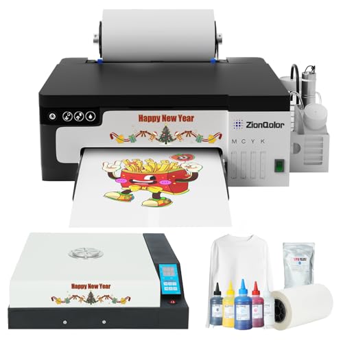 ZionQolor DTF Printer Upgraded A4 L8058 DTF Printer Transfer Printing Machine with White Ink Mixing and Filtering System for DIY Print on Different Fabric (Printer+Oven+Ink+Powder+Film)