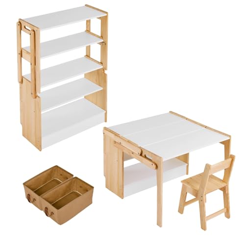 27.5 in Art Table and 1 Chair Set, Craft Play Desk, Convertible Activity Table to Storage Shelves, with 2 Storage Box, Folding Table and Chair Furniture Set, Adjustable Table for School and Home