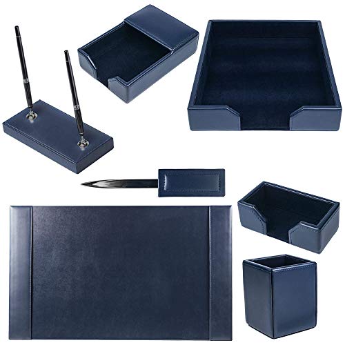 Dacasso Bonded Set Luxury Leather Desk Pad & Desk Organization Essentials, 7 Piece, Navy Blue