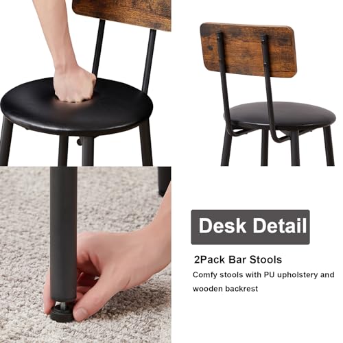 BeePeep 3 Pieces Round Bar Height Table and Chairs Set, Round Bar Dining Table Set, upholstered Stool with backrest, Pub Table and Chairs for Kitchen Small Space,Rustic Brown