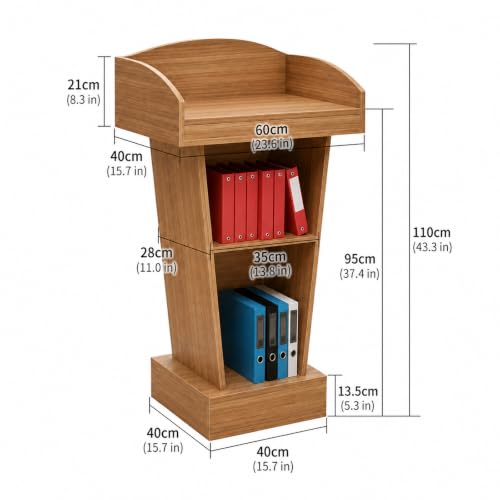 BGEDL Wooden Podium Stand, Floor Standing Speaking Poidum Lectern Stand, Church Pulpit with Storage, Portable Podium Stand Walnut Color, Wooden Pulpit for Churches, Office, Classroom and Schools