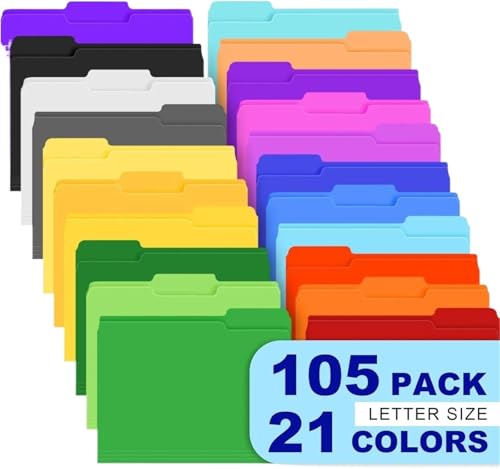 105pcs Colored File Folders 21 Colors Letter Size Paper Organizer for Office School Business