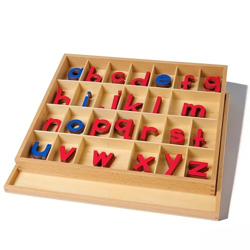 Premium Wooden Movable Alphabet 15in 2.5 lbs,155 Lowercase Letters with Beechwood Box,Montessori Toys Red Blue Letters for First Writing Reading Homeschool Language Material Small Movable Alphabet