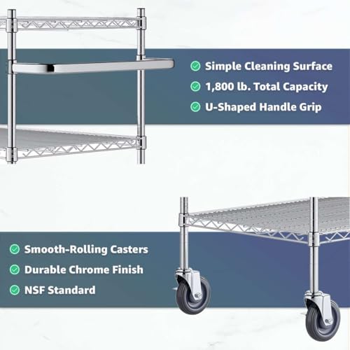 24" x 41 3/4" x 39" Commercial NSF Chrome 3 Shelf Wire Utility Cart with U-Shaped Handle - Heavy-Duty Serving Rolling Metal Cart, Mobile Storage Cart for Warehouse, Office, Retail, Kitchen