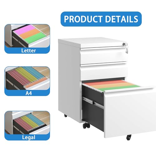 Metal Mobile File Cabinet with Lock, Rolling File Cabinet for Legal, Letter, A4 Size Documents, Anti-Tilt Design,Except Casters,Ideal for Home Office Under Desk Organization (White,3 Drawers)