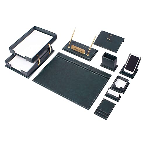 Leather Desk Set-Desk Office Accessories-Office Organizer- Home Office Accessories - Desk Supplies - Desk Storage Organizer -Desk Pad-Storage-13 Pieces -13 PCS (Green)