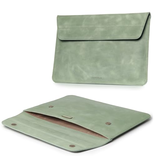 DAREhue Genuine Leather Laptop Sleeve 15-16 Inch, Padded Full Grain Leather Case with Built-in Stand - Mint Green, Compatible with MacBook Air, MacBook Pro, Dell, HP, Lenovo