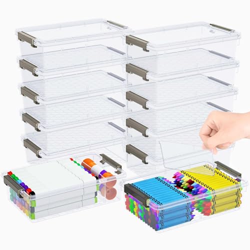 GEOPHIA 12 Pack Extra Large Pencil Box with Removable Divider, Thickened Pencil Case Bulk, Clear Crayon Marker Organizer Stackable Plastic Small Storage Containers for Pen Craft School Supplies(Grey)
