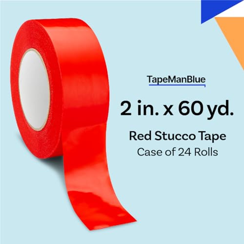 Red Stucco Tape, 2 inch x 60 yd, Case of 24 Rolls, Made in USA, Heavy Duty Red Poly Tape for Stucco, Concrete, Brick, Rough Surfaces, and Hanging Poly Sheeting, UV Resistant, Clean Removal