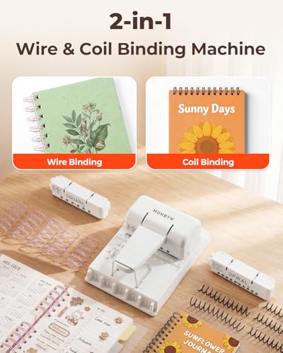 MUNBYN Multi Binding Machine, Mini Book Binding with 2 Detachable Heads(Round & Square), Great for Home, School, Office​- DIY Small Book Binder for Notebooks, Calendars, Albums, Journals, White
