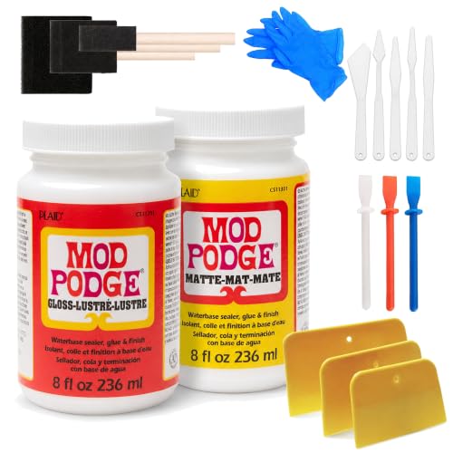 Mod Podge Bundle, 8 Ounce Gloss and Matte Medium Waterproof Sealer, Pixiss Accessory Kit with Foam Brushes, Gloves, Glue Spreaders and More 8oz