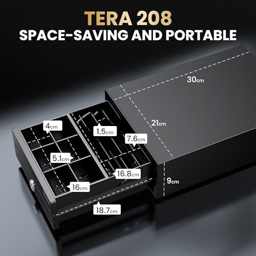 Tera 8" Mini Cash Drawer Register: 208 x 298 x 98 mm 4 Bill 6 Coin Tray with 2 Extra Dividers Auto Open 12V RJ12 Media Slot Point of Sale POS System with 2 Keys Cash Register for Small Business 208