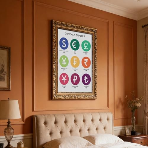 What Are The CURRENCY SYMBOLS Currency Chart Poster Educational Posters Money Poster Math Rules Classroom Decor Canvas for Elementary Middle School Classroom Education Retro Gold Frame24"L X 36"W