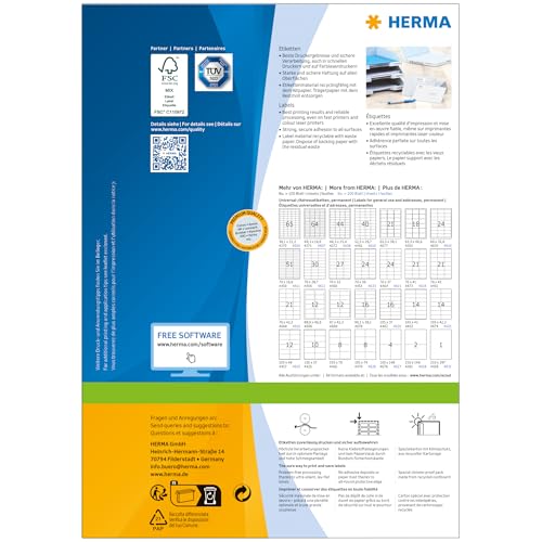 HERMA Self Adhesive Address Mailing Labels, 65 Labels Per A4 Sheet, 6500 Labels for Laser and Inkjet Printers, 38.1 x 21.2 mm (4254)