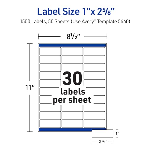 Avery Printable Address Labels with Sure Feed Technology, 1" x 2-5/8", Matte Clear, Compatible with Laser Printers, 1,500 Blank Labels Total, Great for Mailing, Branding, and More (5660)