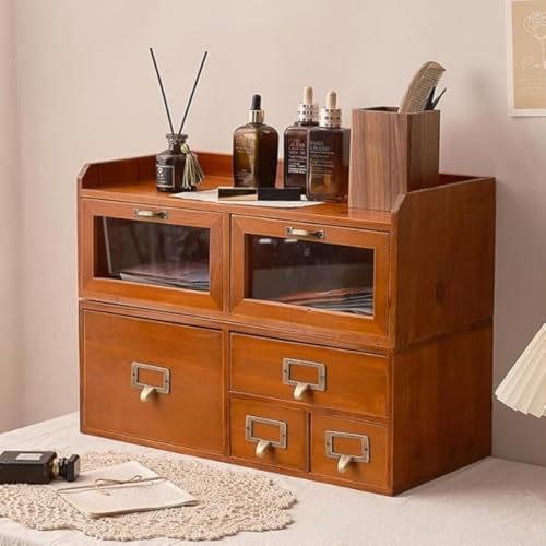 KUYBTU Vintage Brown 6-Drawer Desktop Organizer Wood Storage Cabinet with Acrylic Doors Desk Supplies Organizer for Office Living Room Heavy Duty-6-Drawer