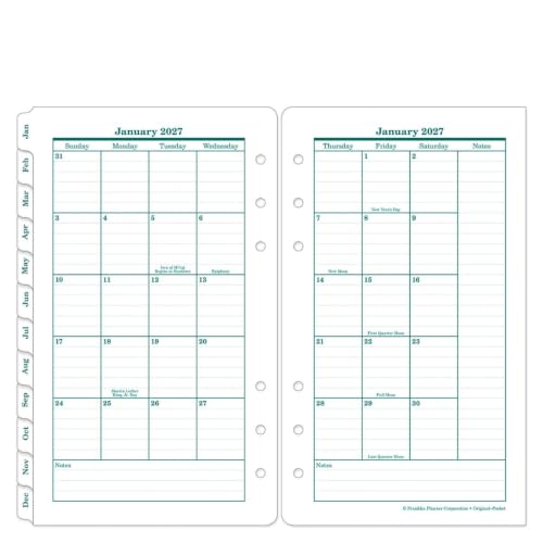 FranklinCovey - Original Two-Page Monthly Calendar Tabs (Pocket, Jan 2027 - Dec 2027)