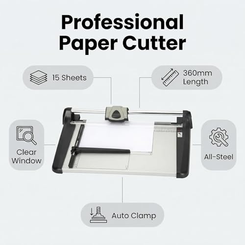Heavy Duty Rotary Paper Cutter 15 Sheet, 14" Precision Paper Trimmer with Auto Clamp, Clean Cuts for Cardstock, Photos, Crafts & Office Use