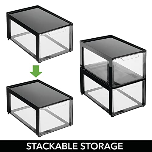 mDesign Plastic Desk Organizer and Storage Bin w/Pull Out Drawer - Stackable Office Storage Container for Office Supplies - Desktop Drawer Organizer - Lumiere Collection - 4 Pack - Black/Clear