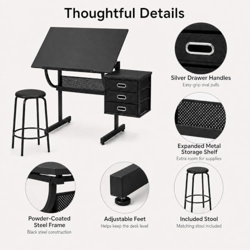 Beuiosda Drafting Table with Stool, 3 Storage Drawers, Black