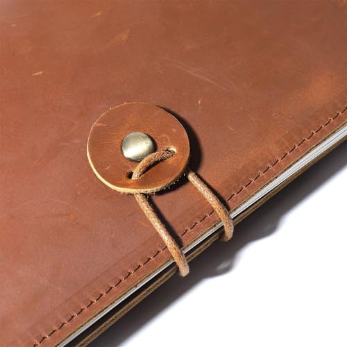 Genuine Leather A6 Refillable Binder Notebook, Vintage Crazy Horse Leather Journal with 6-Ring Binder & String Closure, Portable Travel Diary Planner for Men & Women