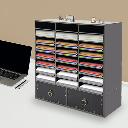KSSTEVNBD Literature Organizer 24 Compartments Desktop File Sorter Mail Center Paper Storage Organizer with 2 Drawers for Home School Student Mailbox for Classroom (White)/Black