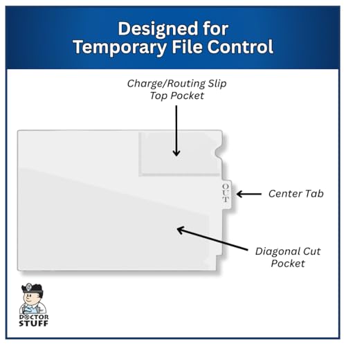 Doctor Stuff - Center Tab Vinyl Out Guides, Diagonal Cut Front Pocket, Top Charge Out Slip Pocket, Plastic File Folder, Letter Size 9" x 13-1/4", Frosty Clear, 100/Box