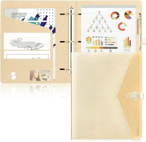 Toplive Padfolio 3 Ring Binder Organizer Business Portfolio Folder for Women, A4/ Letter Size PU Leather Portfolio Padfolio for Interview Conference Presentation, Gold