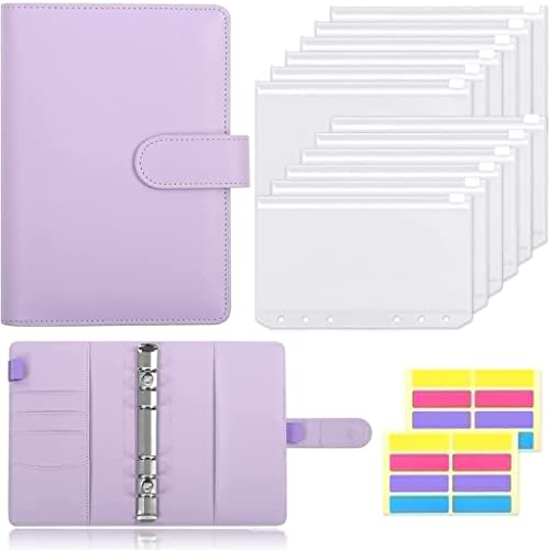 ONMYJFD A6 PU Leather Binder Budget Cash Envelopes System Planner Organizer with 12pcs Binder Clear Zipper Pockets and Label Stickers(C)